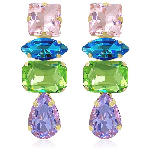 Dainty Sparkly Crystal Square Teardrop Circle Dangle Drop Earrings Long Chic Glitter Rhinestones Geometry Stud Earrings For Women - style: Colorful