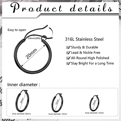 Jstyle Stainless Steel Hoop Earrings for Women Hypoallergenic Hoops Stack | Earrings for Sensitive Ears, Secure Click Clasps, Silver/Gold/Rose Gold, 10mm 15mm 20mm Small Medium Large Loop Earrings Set - size: 12 millimeters