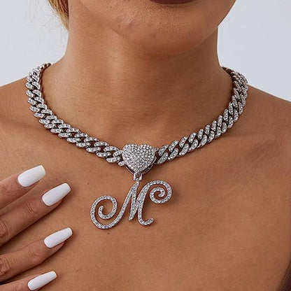 Initial Necklaces Silver Cuban Link Chain for Women Iced Out Chain with Heart Letter Pendants Custom Chain Name Necklace Hip Hop Jewelry Gift - color: R Gold