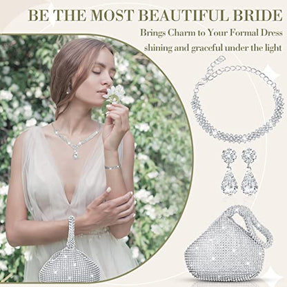 4 Pcs Silver Clutch Purse Jewelry Set for Women Rave Accessories Evening Rhinestone Purse Silver for Bride Wedding - style: Shiny Style