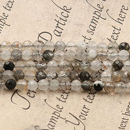 90pcs 4mm Natural Black Rutilated Quartz Gemstone Beads Faceted Round Loose Stone Beads for Jewelry Making - color: Black Rutilated Quartz, size: 3.7-4.2mm
