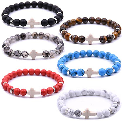 Beaded Bracelets Cross Bracelet for Women Men Lava Rock Turquoise Tiger Eye Natural Bracelet Anxiety Healing - color: 6 Pcs- white cross