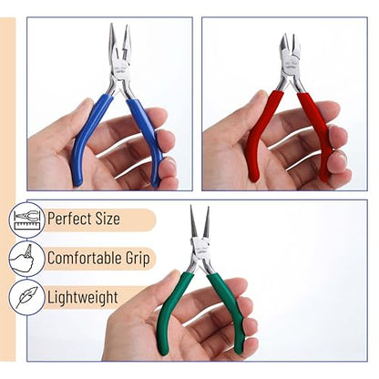 Mr. Pen- Pliers for Jewelry Making, 3 Pack, Chain Nose | Round Nose Pliers Set and Wire Cutter for Beading, Wire Wrapping, Jump Rings, Jewelry Repair, Crafting, DIY - color: Blue, Green, Red