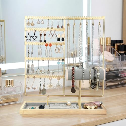 Jewelry Organizer Earring Holder Organizer,6 Tier Jewelry Holder Bracelet Holder Necklace Holder with 6 Hooks,Jewelry Stand for Bracelet, Necklaces, Earrings, Rings, Watches,Gold