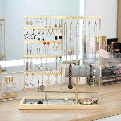 Jewelry Organizer Earring Holder Organizer,6 Tier Jewelry Holder Bracelet Holder Necklace Holder with 6 Hooks,Jewelry Stand for Bracelet, Necklaces, Earrings, Rings, Watches,Gold