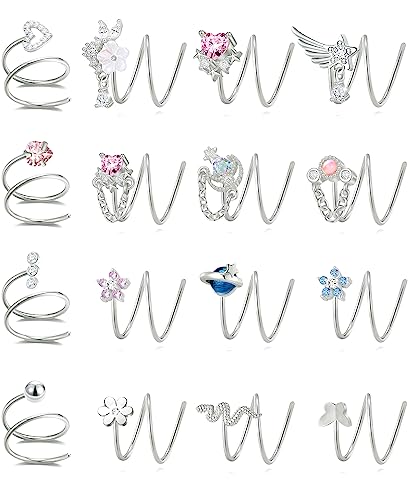 Akeoqi 16PCS Double Nose Ring Hoop For Single Piercing Stainless Steel Dangle Spiral Nose Rings Snake Flower Butterfly Planet Angel Wings Heart Ball Twist Earring Hoops Body Piercing Jewelry For Women - color: A: Silver