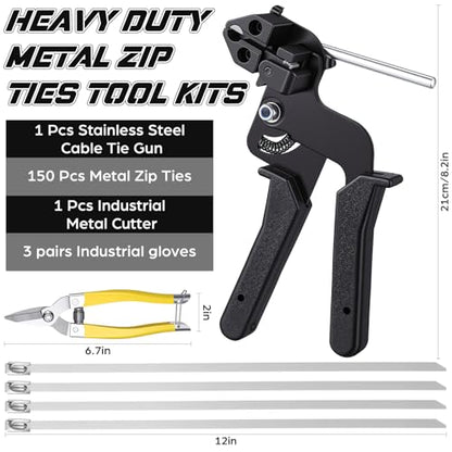155 Pack Stainless Steel Cable Tie Gun Kit, 150 Pcs 11.8 Inch Metal Zip Ties, Adjustable Fastening and Cutting Tools for Fence, Chain Link Fence, Pipe, Industrial Use - size: 11.8 Inch
