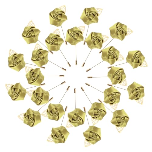 M METERXITY 24-Pack Flower Lapel Pins for Men, Golden Leaf Rose Boutonnieres Pin Groom Boutonnieres for Wedding/Dance/Party, Men Lapel Pins for Suits Satin Flower Corsage [Gold]