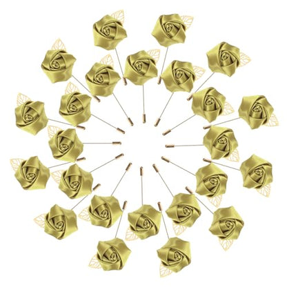 M METERXITY 24-Pack Flower Lapel Pins for Men, Golden Leaf Rose Boutonnieres Pin Groom Boutonnieres for Wedding/Dance/Party, Men Lapel Pins for Suits Satin Flower Corsage [Gold]