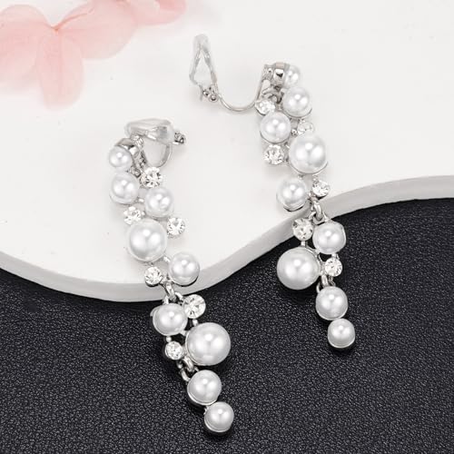 Clip On Earrings Simulated Pearl Wedding Bridal Dangling Dangle Clip Earrings for Women Non-pierced - color: Silver
