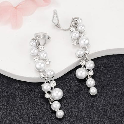 Clip On Earrings Simulated Pearl Wedding Bridal Dangling Dangle Clip Earrings for Women Non-pierced - color: Silver