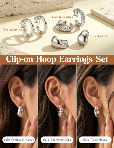 Giovanchi 3Pairs Clip on Earrings for Women with Non-Pierced Ears - Trendy Hypoallergenic 14K Gold Plated Chunky Tube Croissant Waterdrop Clip on Hoop Earrings - style: A-Silver