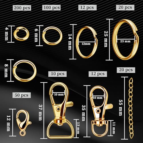 Teenitor 524PCS Key Chain Making Kit, Keychain Making Supplies Keychain Craft Supplies Key Chain Clips, Lanyard Snap Hooks, Key Rings and Jump Rings for Jewelry Lanyard Making, Gold - color: Gold