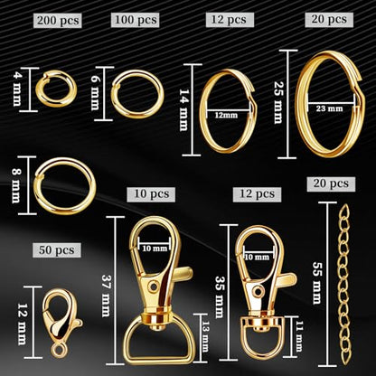 Teenitor 524PCS Key Chain Making Kit, Keychain Making Supplies Keychain Craft Supplies Key Chain Clips, Lanyard Snap Hooks, Key Rings and Jump Rings for Jewelry Lanyard Making, Gold - color: Gold