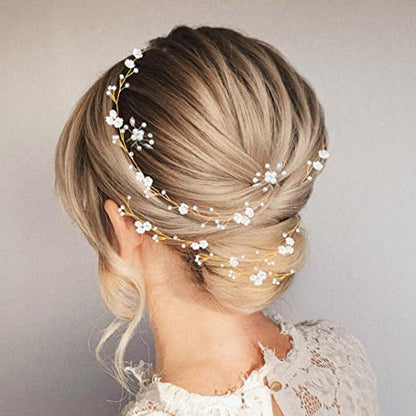BEAYFILY Bridal Wedding Hair Vine,Extra Long Pearl and Crystal Beads Bride Head Piece,Silver Hair Accessories for Women and Girls (Golden) - color: Golden