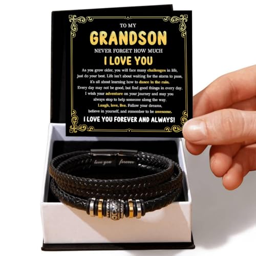 To My GrandSon Bracelet – Love You Forever Braided Leather Bracelet, Meaningful GrandSon Gift from Grandpa & Grandma with Heartfelt Message Card & Elegant Gift Box for Birthday, Christmas - color: Version#3