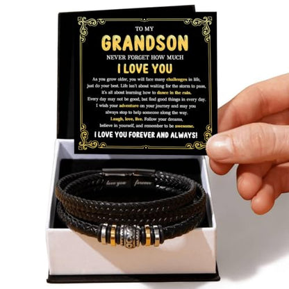 To My GrandSon Bracelet – Love You Forever Braided Leather Bracelet, Meaningful GrandSon Gift from Grandpa & Grandma with Heartfelt Message Card & Elegant Gift Box for Birthday, Christmas - color: Version#3