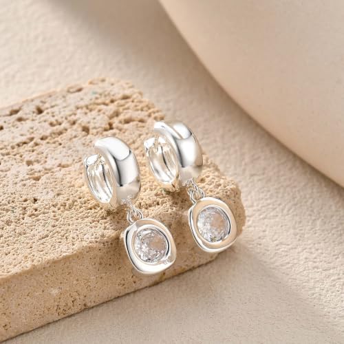 Gold Chunky Dangle Earrings for Women, Bezel Set Cubic Zirconia Charm | 14K Gold Silver Plated, Statement Huggie Hoops Drop Earrings, Trendy Jewelry Gifts, High Grade CZ, Hypoallergenic Lightweight - color: SL-Round CZ Hoop