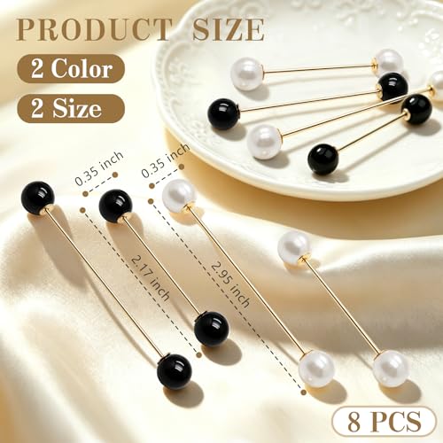 8 Pcs Artificial Pearl Brooch Pins for Women Clothes Scarf Cardigan Shawl Decorative Pin Shirt Sweater Clips 2.17/2.95 inches No Sew Double-Headed Brooch Pin Set with Box (White+Black)