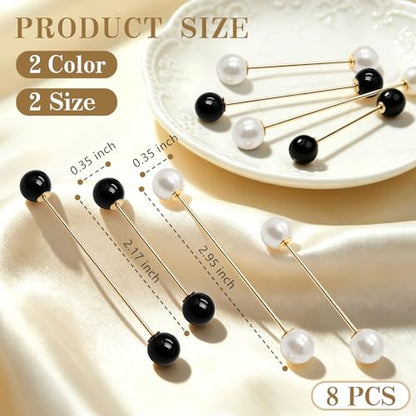 8 Pcs Artificial Pearl Brooch Pins for Women Clothes Scarf Cardigan Shawl Decorative Pin Shirt Sweater Clips 2.17/2.95 inches No Sew Double-Headed Brooch Pin Set with Box (White+Black)