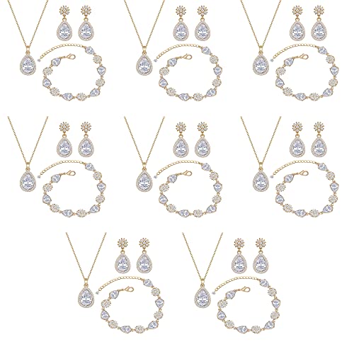 Bridesmaid Jewelry Set for Women,Pendant 18K Gold & Silver & Rose Gold Pendant Necklace Earrings Bracelet Set,Dainty Gift for Wedding/Proposal/Party/Anniversary - color: GOLD - 8 SETS