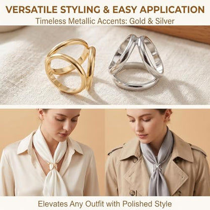 2Pcs Women Three Rings Silk Scarves Clip Fashion Scarves Buckle Scarf Ring Wrap Holder Clamp (Silver+Golden)