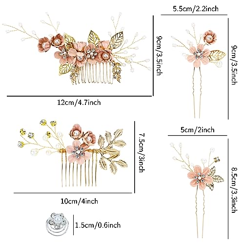 Cinaci 18 Pieces Bridal Wedding Party Prom Pearl Rhinestone Pink Flower Hair Side Combs Slides+U-shaped Flower Hair Pins+Twist Spiral Hairpins Floral Headpieces for Brides Bridesmaids Women Girls - color: Pink