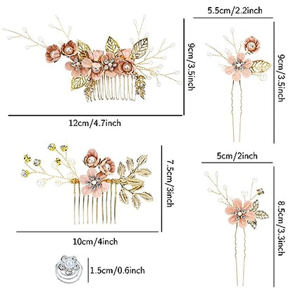 Cinaci 18 Pieces Bridal Wedding Party Prom Pearl Rhinestone Pink Flower Hair Side Combs Slides+U-shaped Flower Hair Pins+Twist Spiral Hairpins Floral Headpieces for Brides Bridesmaids Women Girls - color: Pink