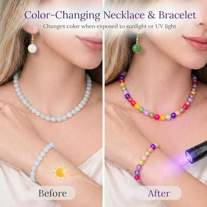 Dopamine Necklace UV Reactive Colorful Rainbow Beaded Necklace Dopamine Jewelry Set Color Changing Mood Necklaces Bracelet Earrings Summer Beach Vacation Gift for Women - color: A1：3ps Changing