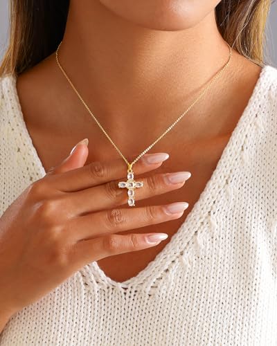 Cross Necklace for Women, 14K Gold Plated Cubic Zirconia Cross Pendant Necklace, Trendy Christian Jewelry Gifts for Baptism First Communion Christmas - color: Style D - Gold