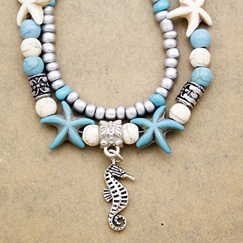 Softones Blue Starfish Turtle Anklet Multilayer Charm Beads Sea Handmade Boho Anklet Foot Jewelry for Women - style: M:Sea Horse