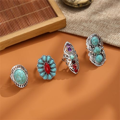 4 Pieces Vintage Turquoise Rings Set for Women Bohemian Western Natural Turquoise Geometric Flower Rings Retro Western Style Country Concert Jewelry Gifts