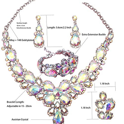 Women's Wedding Bridal Austrian Crystal Glass Teardrop Statement Necklace Dangle Earrings Bracelet Ring Wedding Party Jewelry Set for Bridal Bridesmaid - color: AB Crystal-Platinum Plated