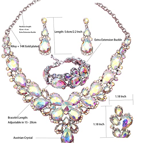 Women's Wedding Bridal Austrian Crystal Glass Teardrop Statement Necklace Dangle Earrings Bracelet Ring Wedding Party Jewelry Set for Bridal Bridesmaid - color: AB Crystal-Platinum Plated