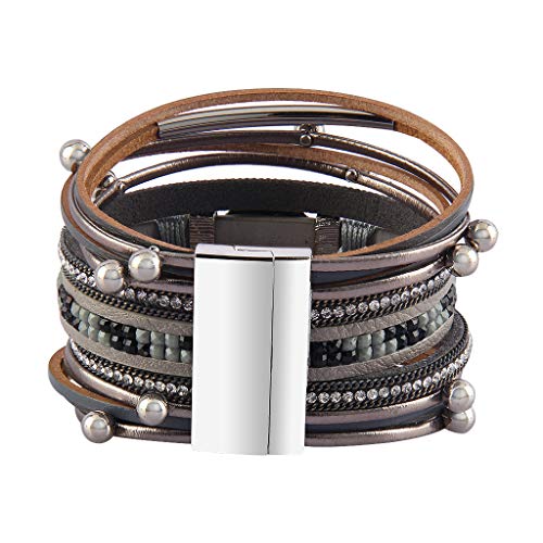 GelConnie Leather Wrap Bracelet Boho Cuff Bracelets Crystal Leather Bracelet Magnetic Multi Strand Bracelets Bohemian Bracelet Leather Wristbands Bangle Jewelry for Women Teen Wife Mother - color: leather bracelet