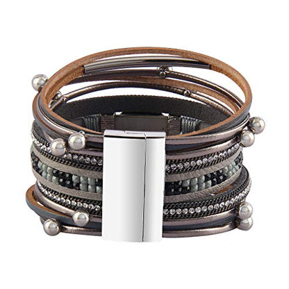 GelConnie Leather Wrap Bracelet Boho Cuff Bracelets Crystal Leather Bracelet Magnetic Multi Strand Bracelets Bohemian Bracelet Leather Wristbands Bangle Jewelry for Women Teen Wife Mother - color: leather bracelet