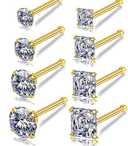 Nose Rings & Studs - 18g, 20g, 22g 14K Gold Bone Nose Studs for Women in Titanium Steel - color: 20g 8pcs Gold Bone Shaped 316L Surgical Steel