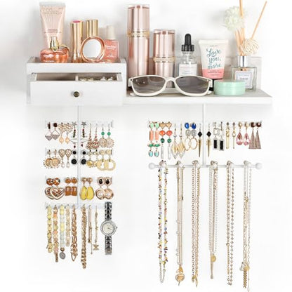 VINAEMO Jewelry Organizer Hanging Wall Mounted Jewelry Holder with Rustic Wood Drawer & Large Capacity Storage Shelf Rack Display for Earrings Rings Necklaces Bracelet(White Iron) - color: White Iron
