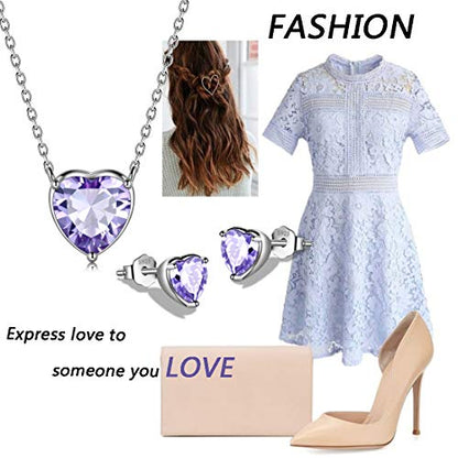 Aurora Tears Hearts Necklace Earrings Jewelry Sets - Women 925 Sterling Silver Birthstone Pendants Earrings Set Crystal Wedding Birthday Jewelry - color: F.June-set