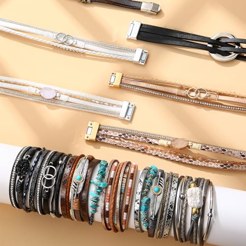 Sanfenly Leather Wrap Bracelets for Women,Boho Wrap Bracelets Leather Cuff Bangle Beads Bracelets Stackable Western Bracelets Jewelry for Women (Gold/Black/Gray/Turquoise) - color: Black Leather