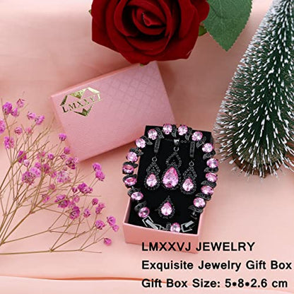LMXXVJ Women Jewelry Set Platinum Plated Necklace Open Ring Earrings Bracelet Set,Birthday/Anniversary Mother’s Day Jewelry Gifts for Mom/Wife/Sister/Best Friend - color: Black Gun-Pink