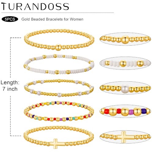Turandoss 5PCS 14K Gold Plated Beaded Stretch Bracelets Set for Women | Stacked Bow Cross Wave Knot Pearl Beads Bracelet Set, Waterproof 7 Inch Stretch Elastic, Summer Jewelry Gifts for Women Girls - color: 5PCS Gold Cross Beaded Bracelets
