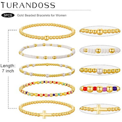 Turandoss 5PCS 14K Gold Plated Beaded Stretch Bracelets Set for Women | Stacked Bow Cross Wave Knot Pearl Beads Bracelet Set, Waterproof 7 Inch Stretch Elastic, Summer Jewelry Gifts for Women Girls - color: 5PCS Gold Cross Beaded Bracelets