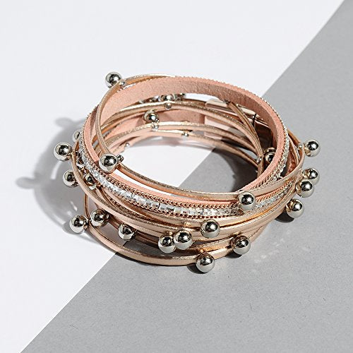 Artilady Leather Wrap Bracelet for Women, Pearl Beaded Bangle Stack Jewelry | Easy on-off, Elegant Handmade Multi-Layered, Daily Casual Date Beach Vacation, Gift for Ladies, Mother, Sister & Friend - style: Rose Gold