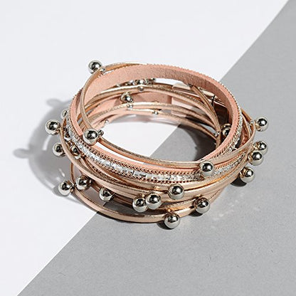 Artilady Leather Wrap Bracelet for Women, Pearl Beaded Bangle Stack Jewelry | Easy on-off, Elegant Handmade Multi-Layered, Daily Casual Date Beach Vacation, Gift for Ladies, Mother, Sister & Friend - style: Rose Gold