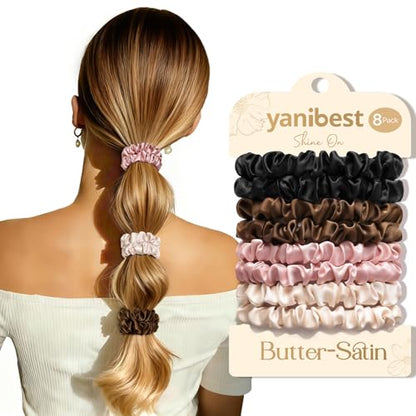 Yanibest 8 Pcs Satin Hair Ties - Thin Hair Scrunchies for Women & Girls | Silk Feeling Soft Hair Ties No Damage Frizz Free, Ponytail Holders Gentle on Hair for Fine to Medium Hair - color: Pink