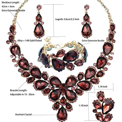 Women's Wedding Bridal Austrian Crystal Glass Teardrop Statement Necklace Dangle Earrings Bracelet Ring Wedding Party Jewelry Set for Bridal Bridesmaid - color: Purple-Gold Plated