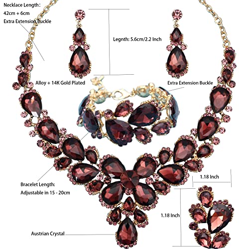 Women's Wedding Bridal Austrian Crystal Glass Teardrop Statement Necklace Dangle Earrings Bracelet Ring Wedding Party Jewelry Set for Bridal Bridesmaid - color: Purple-Gold Plated