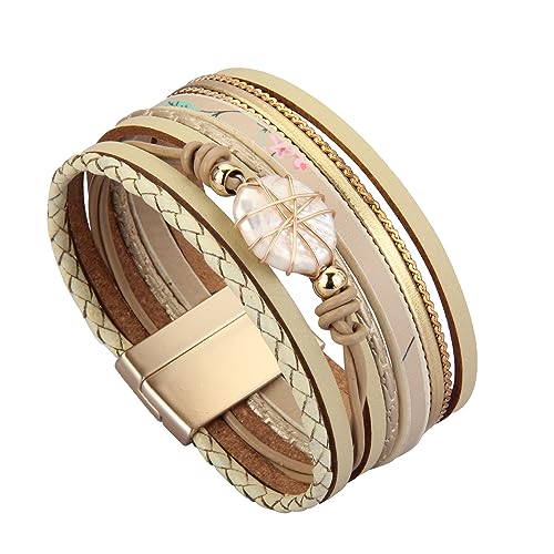 GelConnie Leather Cuff Bracelet Baroque Pearl Wrap Bracelet Gorgeous Gold Tube Bangle Boho Bracelet Bohemian Wristband Jewelry Gift for Women Wife - color: Women Leather Bracelet