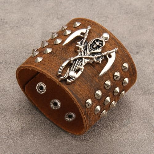 JAOYU Punk Leather Cuff Bracelet Goth Leather Wristband Rock Bracelet Biker Bracelet for Men Leather Armband Black Handmade Jewelry - color: Death Skull Bracelet Brown